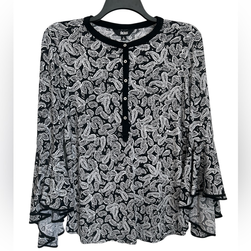 SLIM FACTOR BY INVESTMENTS Paisley Print Ruffled Bell Sleeves Blouse
